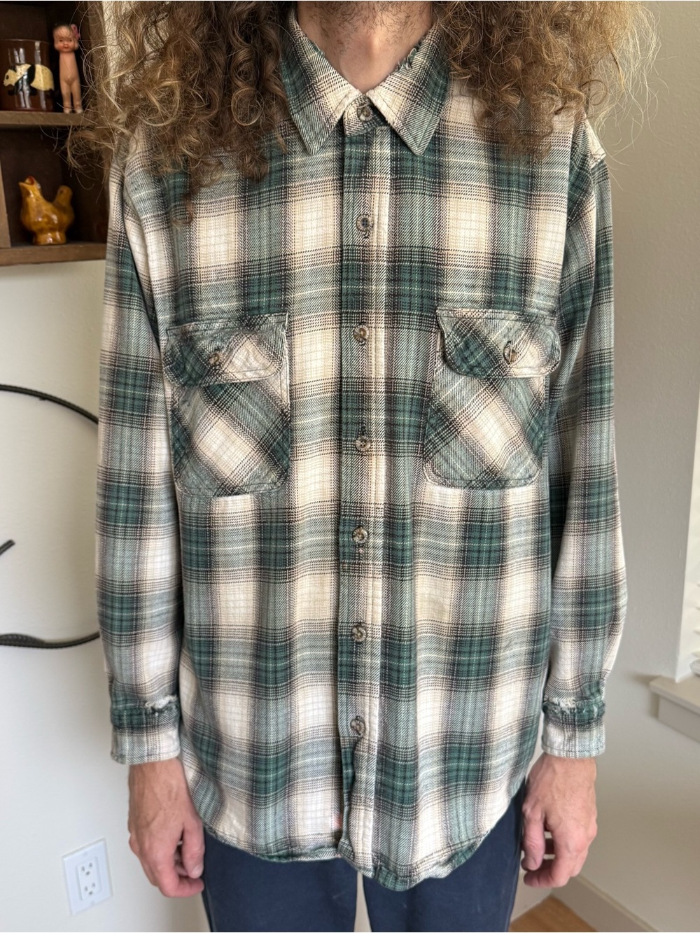 Vintage 90s Earthy Plaid Heavyweight Flannel Distressed Grunge ~ Size Large